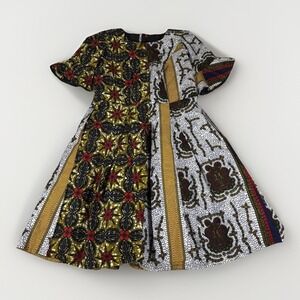 Handmade Fit & Flare Tribal Dress Multicolor Floral Pleated Bell Sleeve Back Zip